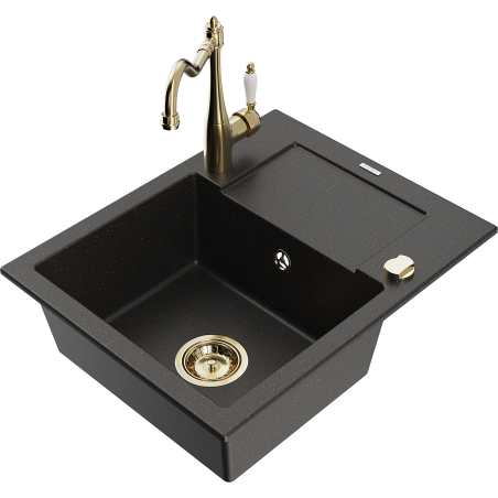 Mexen Enzo Granitspüle 1-Becken mit Abtropffläche und Küchenarmatur Carla, Schwarz/Gold metallic - 6506-75-670700-50