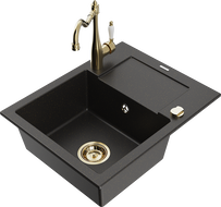 Mexen Enzo Granitspüle 1-Becken mit Abtropffläche und Küchenarmatur Carla, Schwarz/Gold metallic - 6506-75-670700-50