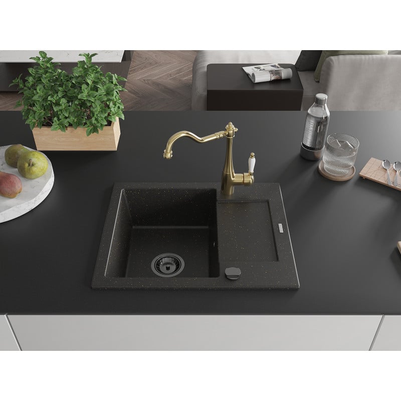 Mexen Enzo Granitspüle mit 1 Becken, Abtropffläche und Küchenarmatur Carla, schwarz/gold metallic - 6506-75-670700-50-B