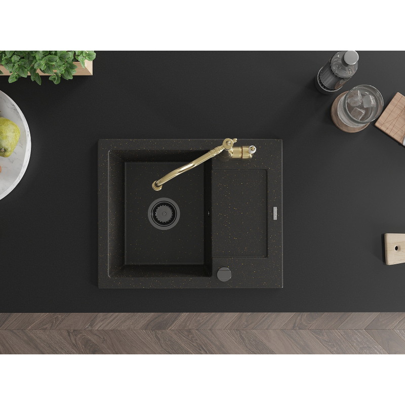 Mexen Enzo Granitspüle 1-Becken mit Abtropffläche und Küchenarmatur Carla, schwarz/gold metallic - 6506-75-670700-50-B