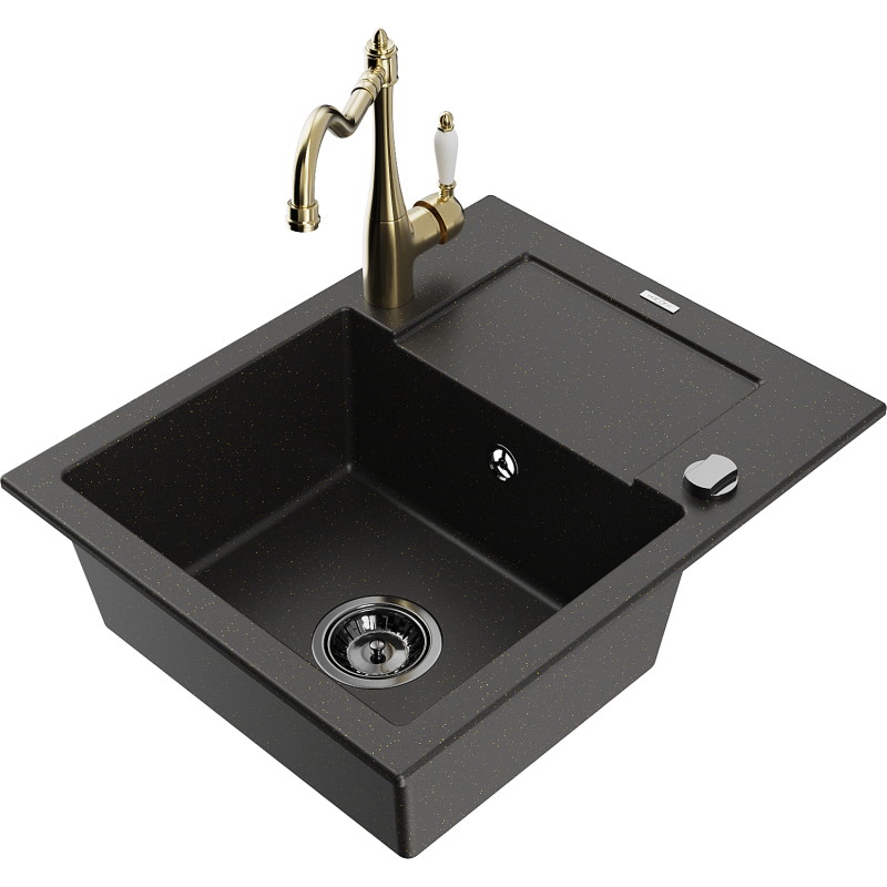 Mexen Enzo Granitspüle 1-Becken mit Abtropffläche und Küchenarmatur Carla, schwarz/gold metallic - 6506-75-670700-50-B