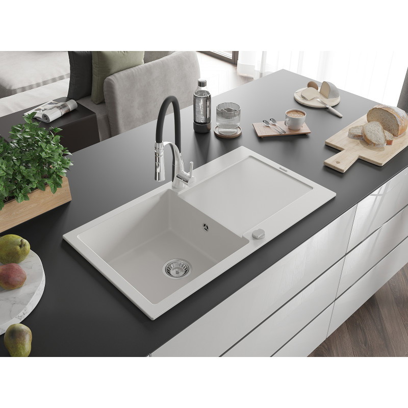 Mexen Leo Granit-Spülbecken 1-Kammer mit Abtropffläche und Küchenarmatur Aster, weiß - 6501-20-73450-07