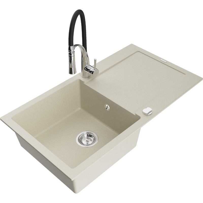 Mexen Leo Granitspüle mit 1 Becken, Abtropffläche und Küchenarmatur Aster, beige - 6501-69-73450-07