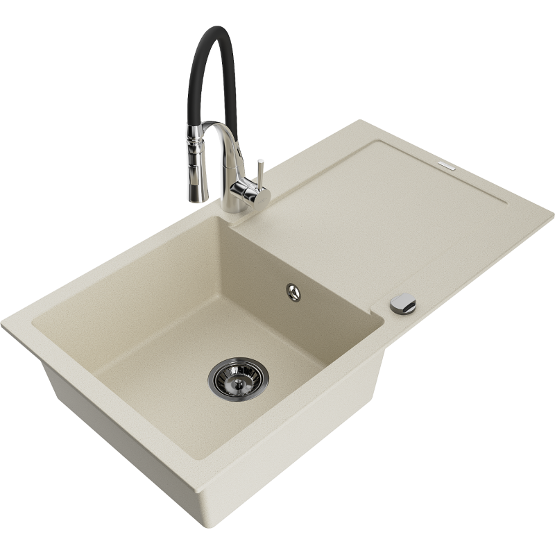 Mexen Leo Granitspüle 1-becken mit Abtropffläche und Küchenarmatur Aster, beige - 6501-69-73450-07-B
