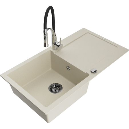 Mexen Leo Granitspüle 1-becken mit Abtropffläche und Küchenarmatur Aster, beige - 6501-69-73450-07-B