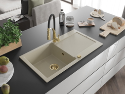 Mexen Leo Granitspüle 1-beckig mit Abtropffläche und Küchenarmatur Aster, beige - 6501-69-73450-57-G