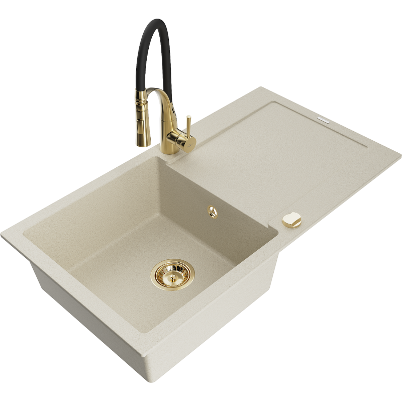Mexen Leo Granitspüle 1-beckig mit Abtropffläche und Küchenarmatur Aster, beige - 6501-69-73450-57-G