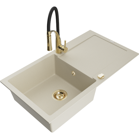 Mexen Leo Granitspüle 1-beckig mit Abtropffläche und Küchenarmatur Aster, beige - 6501-69-73450-57-G