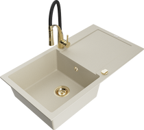 Mexen Leo Granitspüle 1-beckig mit Abtropffläche und Küchenarmatur Aster, beige - 6501-69-73450-57-G