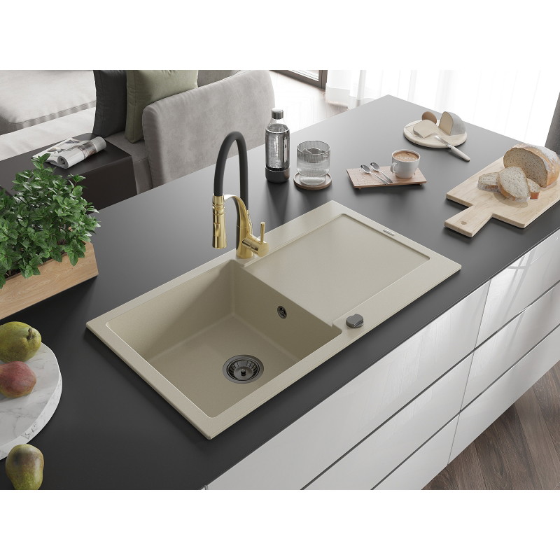 Mexen Leo Granitspüle ein Becken mit Abtropffläche und Küchenarmatur Aster, beige - 6501-69-73450-57-B