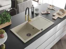 Mexen Leo Granitspüle 1-beckig mit Abtropffläche und Küchenarmatur Aster, beige - 6501-69-73450-57-B