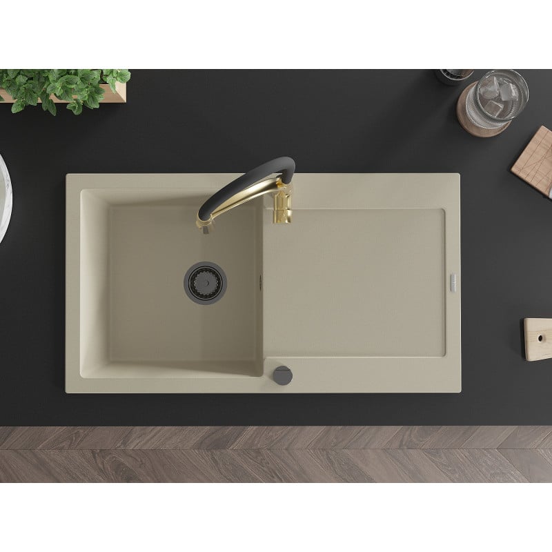 Mexen Leo Granitspüle 1-beckig mit Abtropffläche und Küchenarmatur Aster, beige - 6501-69-73450-57-B