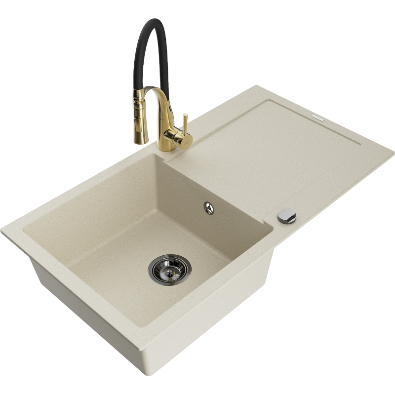 Mexen Leo Granitspüle 1-beckig mit Abtropffläche und Küchenarmatur Aster, beige - 6501-69-73450-57-B