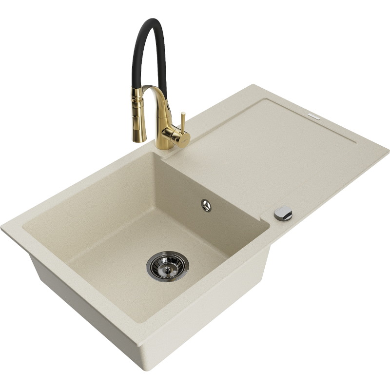 Mexen Leo Granitspüle ein Becken mit Abtropffläche und Küchenarmatur Aster, beige - 6501-69-73450-57-B