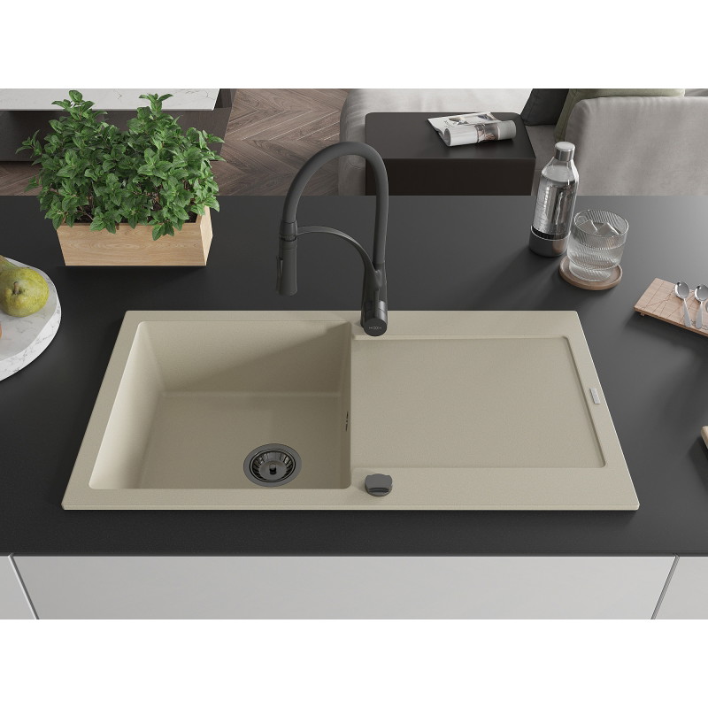 Mexen Leo Granitspüle 1-Becken mit Abtropffläche und Küchenarmatur Aster, beige - 6501-69-73450-70-B