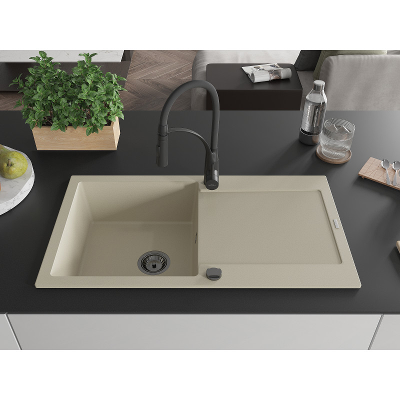 Mexen Leo Granitspüle 1-beckig mit Abtropffläche und Küchenarmatur Aster, beige - 6501-69-73450-70-B