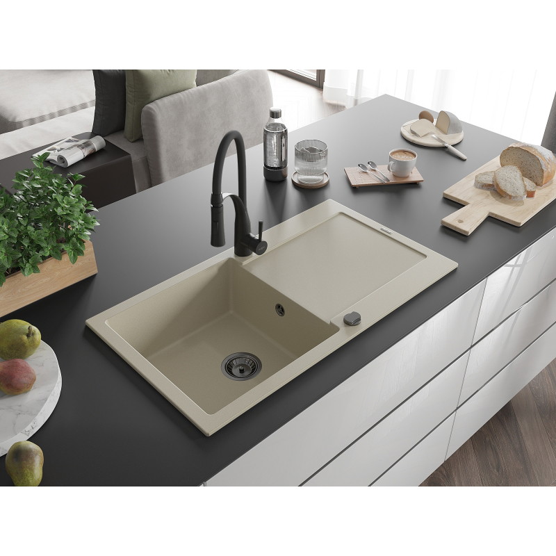 Mexen Leo Granitspüle 1-Becken mit Abtropffläche und Küchenarmatur Aster, beige - 6501-69-73450-70-B