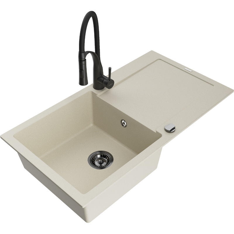 Mexen Leo Granitspüle 1-Becken mit Abtropffläche und Küchenarmatur Aster, beige - 6501-69-73450-70-B