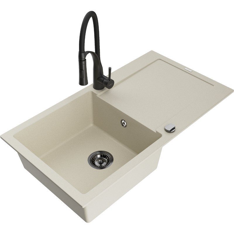 Mexen Leo Granitspüle 1-beckig mit Abtropffläche und Küchenarmatur Aster, beige - 6501-69-73450-70-B