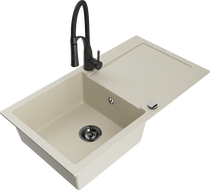 Mexen Leo Granitspüle 1-beckig mit Abtropffläche und Küchenarmatur Aster, beige - 6501-69-73450-70-B