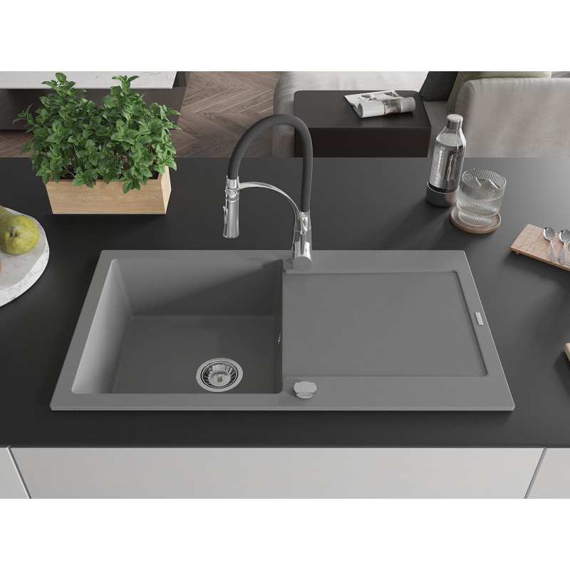 Mexen Leo Granit-Spüle 1-becken mit Abtropffläche und Küchenarmatur Aster, grau - 6501-71-73450-07