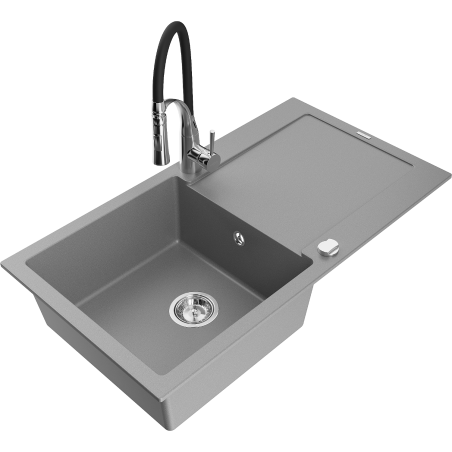 Mexen Leo Granit-Spüle 1-becken mit Abtropffläche und Küchenarmatur Aster, grau - 6501-71-73450-07