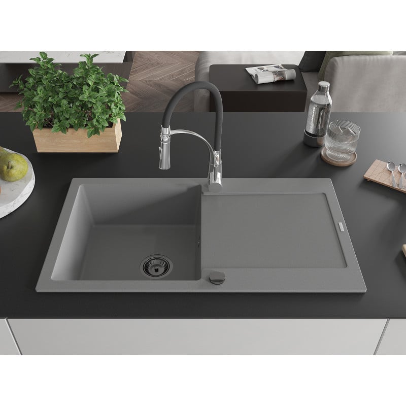 Mexen Leo Granitspüle 1-Becken mit Abtropffläche und Küchenarmatur Aster, grau - 6501-71-73450-07-B