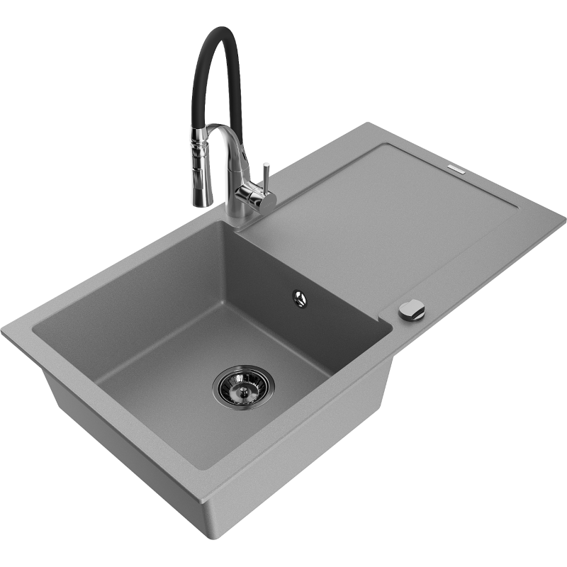 Mexen Leo Granitspüle 1-Becken mit Abtropffläche und Küchenarmatur Aster, grau - 6501-71-73450-07-B