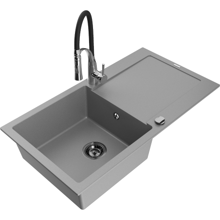 Mexen Leo Granitspüle 1-Becken mit Abtropffläche und Küchenarmatur Aster, grau - 6501-71-73450-07-B