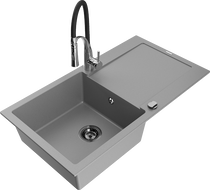 Mexen Leo Granitspüle 1-Becken mit Abtropffläche und Küchenarmatur Aster, grau - 6501-71-73450-07-B
