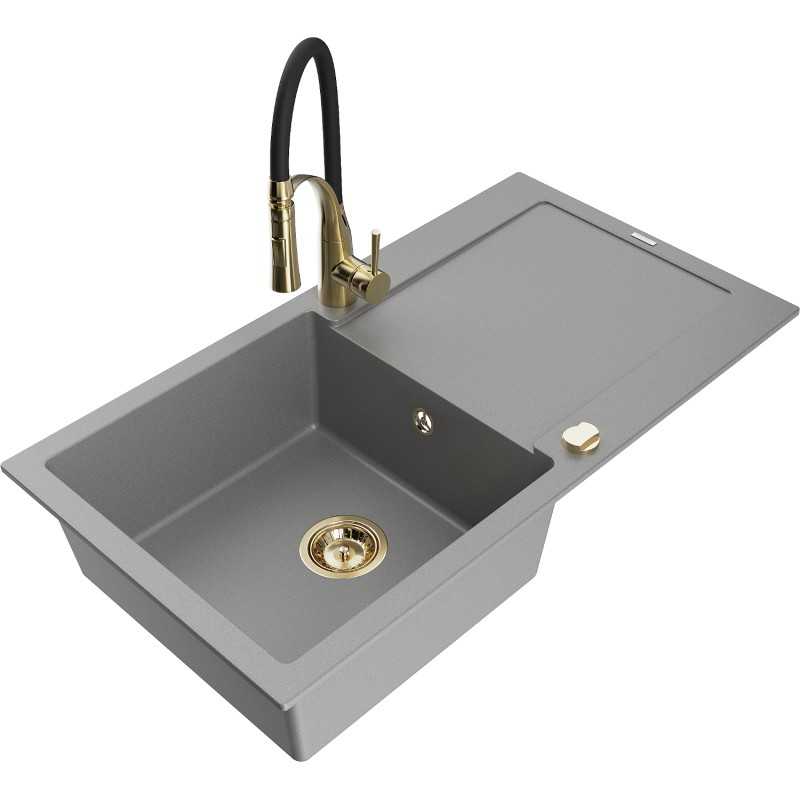 Mexen Leo Granitspüle 1-Becken mit Abtropffläche und Küchenarmatur Aster, grau - 6501-71-73450-57-G