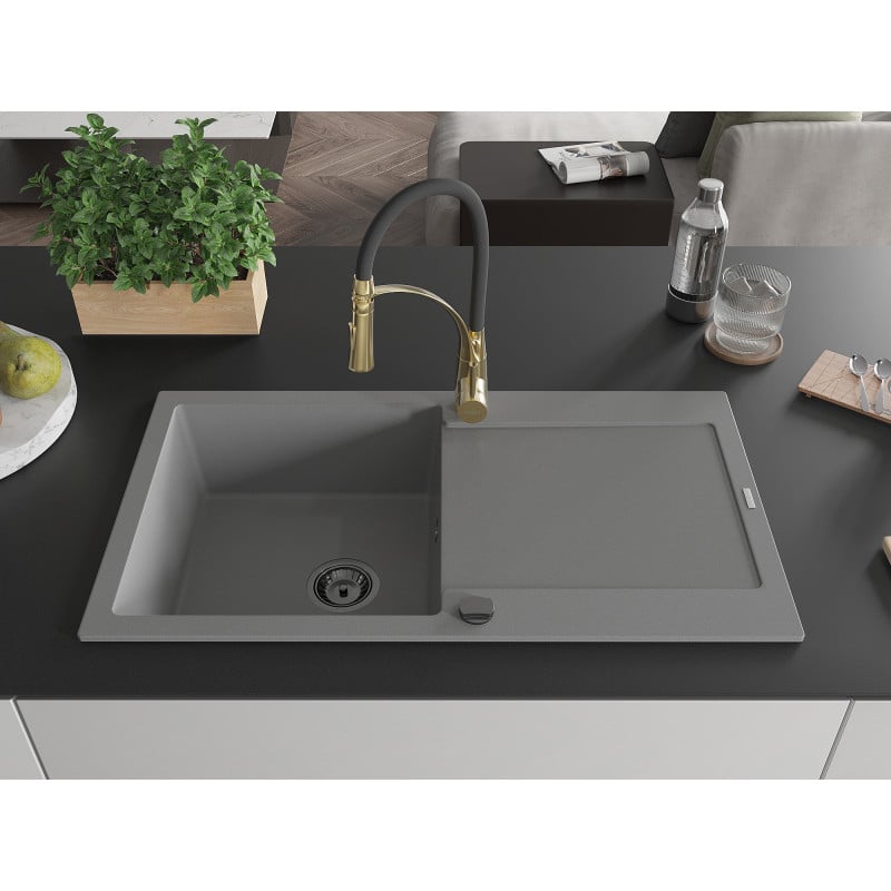 Mexen Leo Granitspüle 1-Becken mit Abtropffläche und Küchenarmatur Aster, grau - 6501-71-73450-57-B