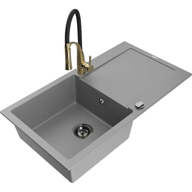 Mexen Leo Granitspüle 1-Becken mit Abtropffläche und Küchenarmatur Aster, grau - 6501-71-73450-57-B