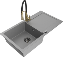 Mexen Leo Granitspüle 1-Becken mit Abtropffläche und Küchenarmatur Aster, grau - 6501-71-73450-57-B