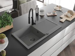 Mexen Leo 1-Becken Granitspüle mit Abtropffläche und Küchenarmatur Aster, grau - 6501-71-73450-70-B