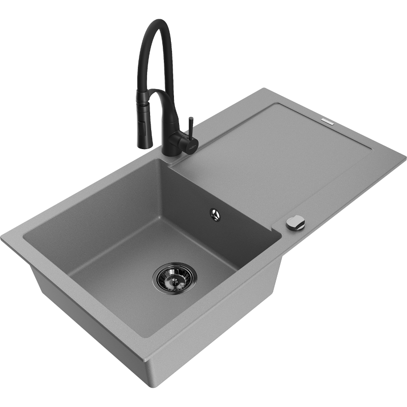 Mexen Leo 1-Becken Granitspüle mit Abtropffläche und Küchenarmatur Aster, grau - 6501-71-73450-70-B