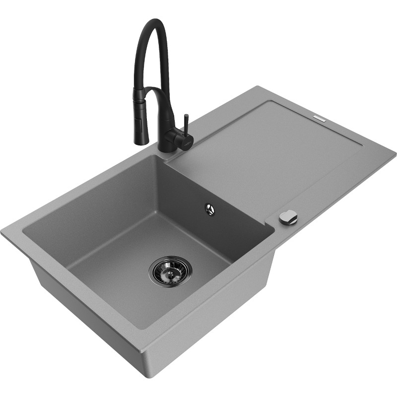Mexen Leo Granitspüle 1-Becken mit Abtropffläche und Küchenarmatur Aster, grau - 6501-71-73450-70-B