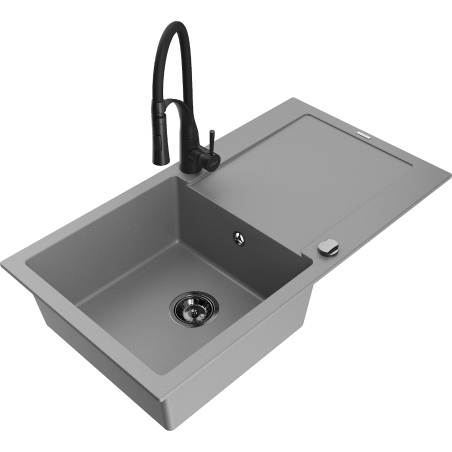 Mexen Leo 1-Becken Granitspüle mit Abtropffläche und Küchenarmatur Aster, grau - 6501-71-73450-70-B