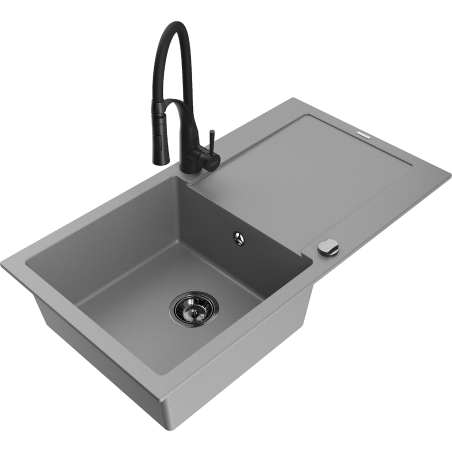 Mexen Leo Granitspüle 1-Becken mit Abtropffläche und Küchenarmatur Aster, grau - 6501-71-73450-70-B