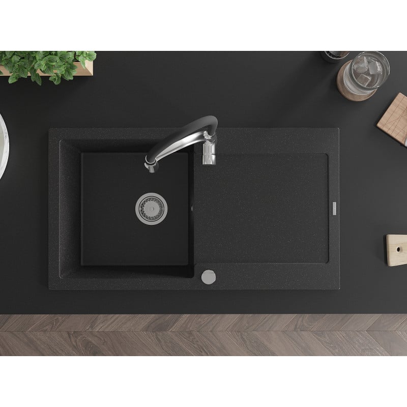Mexen Leo Granitspüle 1-Becken mit Abtropffläche und Küchenarmatur Aster, Schwarz/Silber Metallic - 6501-73-73450-07