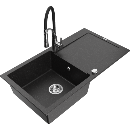 Mexen Leo Granitspüle 1-Becken mit Abtropffläche und Küchenarmatur Aster, Schwarz/Silber Metallic - 6501-73-73450-07