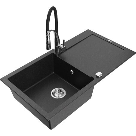 Mexen Leo Granitspüle 1-beckig mit Abtropffläche und Küchenarmatur Aster, schwarz/silber metallic - 6501-73-73450-07