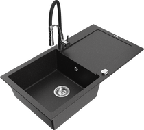 Mexen Leo Granitspüle 1-Becken mit Abtropffläche und Küchenarmatur Aster, Schwarz/Silber Metallic - 6501-73-73450-07