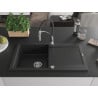 Mexen Leo Granitspüle 1-Becken mit Abtropffläche und Küchenarmatur Aster, Schwarz/Silber Metallic - 6501-73-73450-07