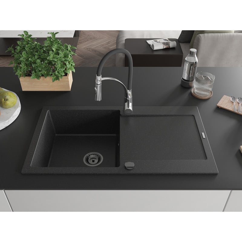Mexen Leo Granitspüle 1-Becken mit Abtropffläche und Küchenarmatur Aster, schwarz/silber metallic - 501-73-73450-07-B