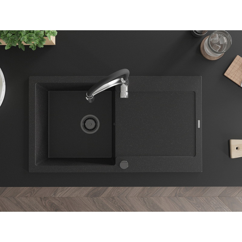 Mexen Leo Granitspüle 1-beckig mit Abtropffläche und Küchenarmatur Aster, schwarz/silber metallic - 501-73-73450-07-B
