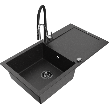 Mexen Leo Granitspüle 1-beckig mit Abtropffläche und Küchenarmatur Aster, schwarz/silber metallic - 501-73-73450-07-B