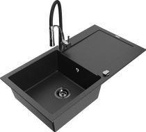Mexen Leo Granitspüle 1-Becken mit Abtropffläche und Küchenarmatur Aster, schwarz/silber metallic - 501-73-73450-07-B