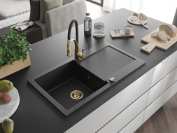 Mexen Leo Granitspüle 1-beckig mit Abtropffläche und Küchenarmatur Aster, Schwarz/Silber Metallic - 6501-73-73450-57-G