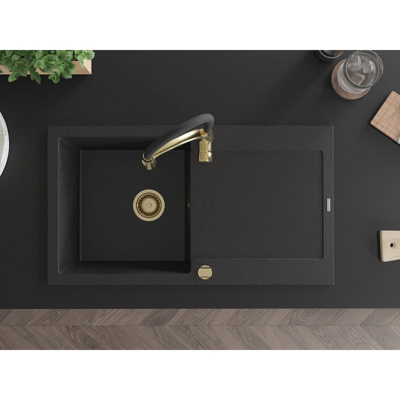Mexen Leo Granitspüle 1-beckig mit Abtropffläche und Küchenarmatur Aster, Schwarz/Silber Metallic - 6501-73-73450-57-G